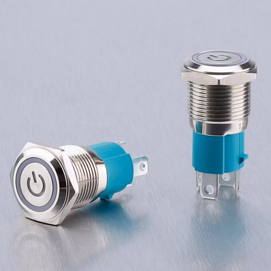 Tipo di corrente di grandi dimensioni 16mm 10A momentaneo 12V 24V LED rosso blu con logo di alimentazione Interruttore in metallo illuminato Pulsante IP67